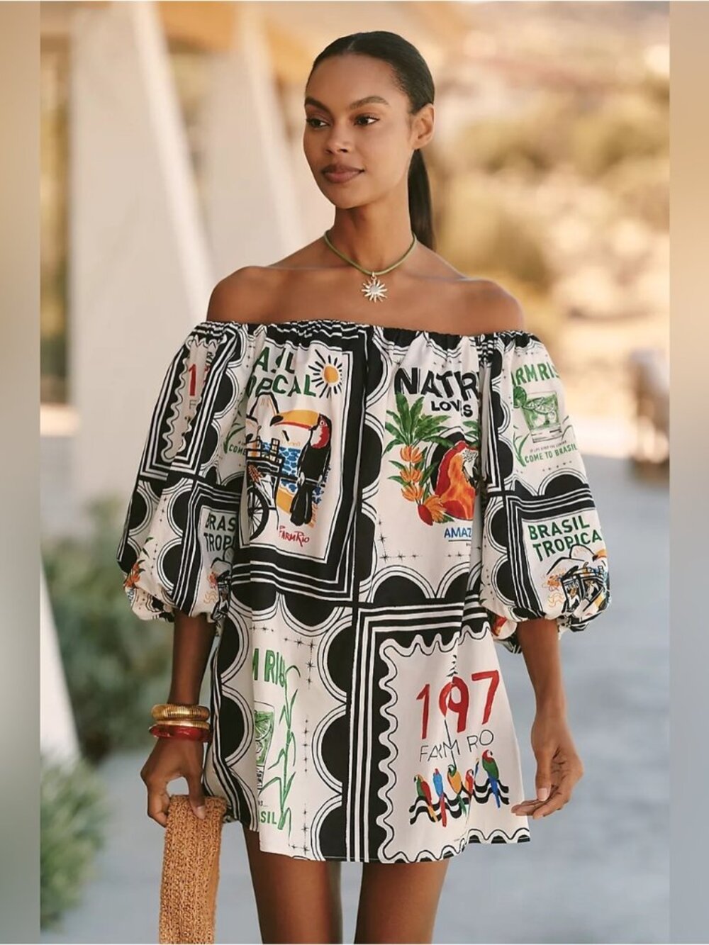 NWT Size L -Farm Rio Off-Shoulder Mini Dress 100% Cotton with Pockets (US$ 155)